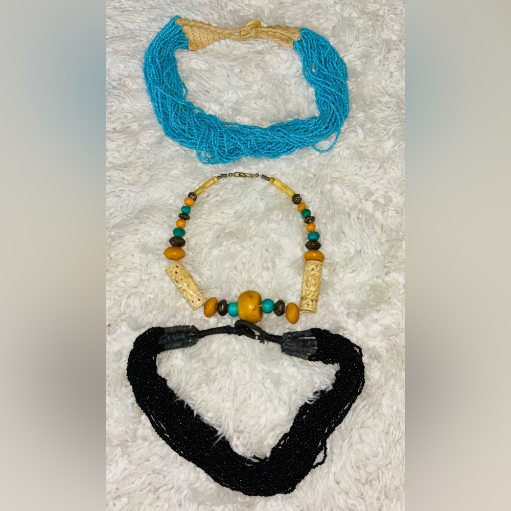 3 African Tribal Seed Wood Multi-Strand Necklaces Turquoise Black Yellow